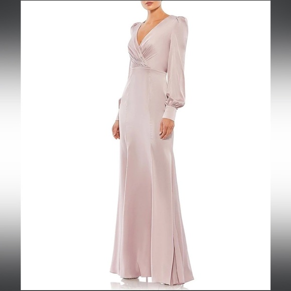NWT Ieena for Mac Duggal Satin Surplice Bishop Sleeve Ruched A-Line Gown Sz 4 - Picture 1 of 16